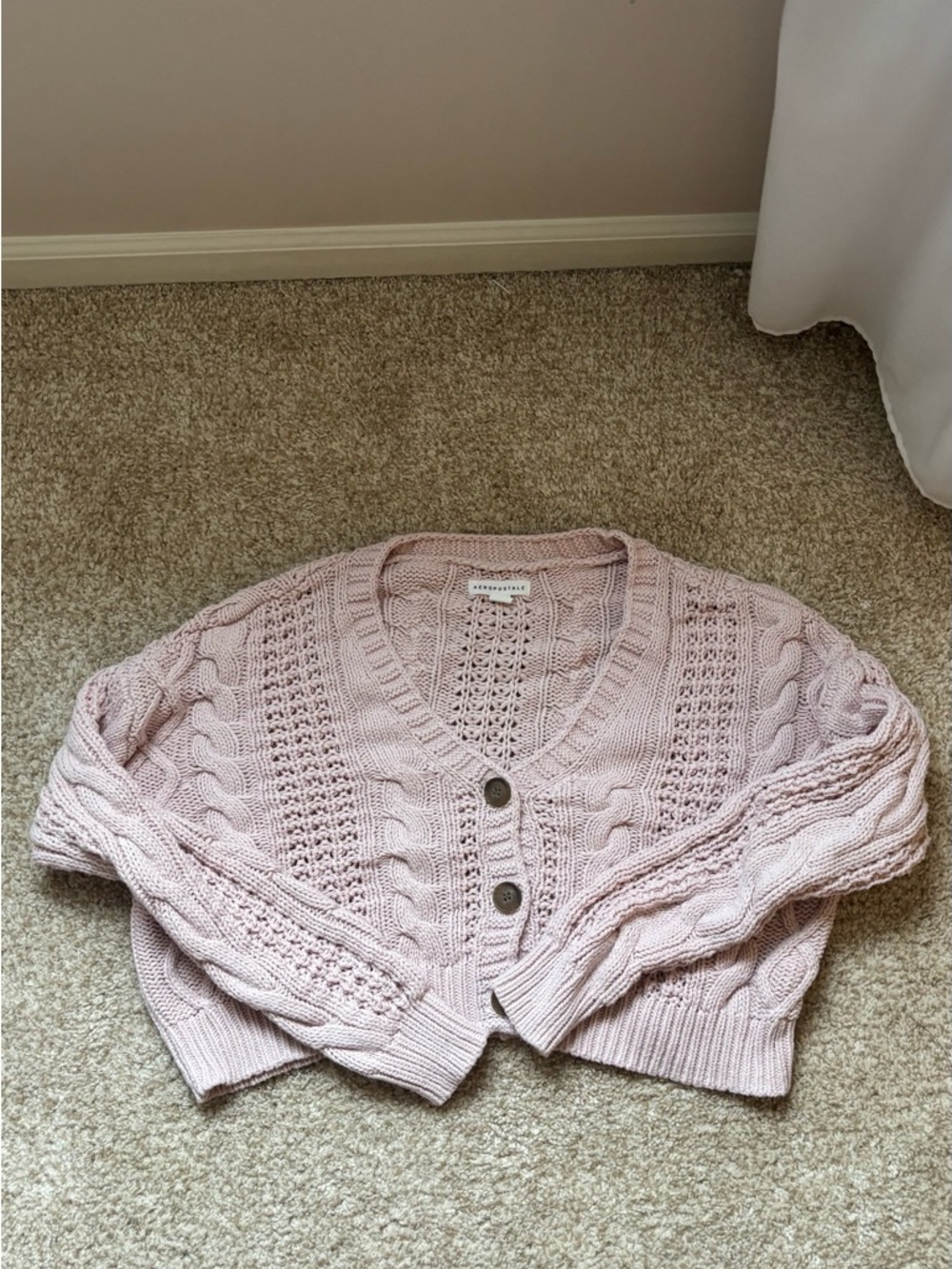 Aeropostale Light Pink Cable-Knit V-Neck Button Sweater